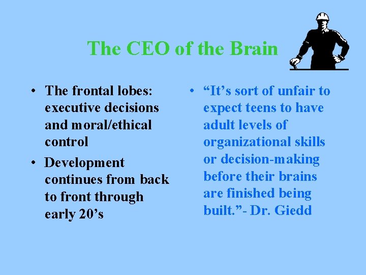 The CEO of the Brain • The frontal lobes: executive decisions and moral/ethical control