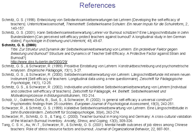 References Schmitz, G. S. (1998). Entwicklung von Selbstwirksamkeitserwartungen bei Lehrern [Developing the self-efficacy of