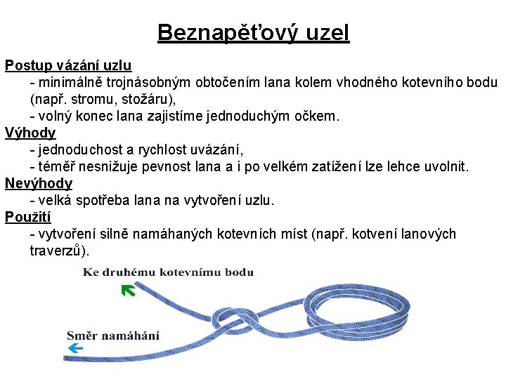 Beznapěťový uzel Postup vázání uzlu - minimálně trojnásobným obtočením lana kolem vhodného kotevního bodu