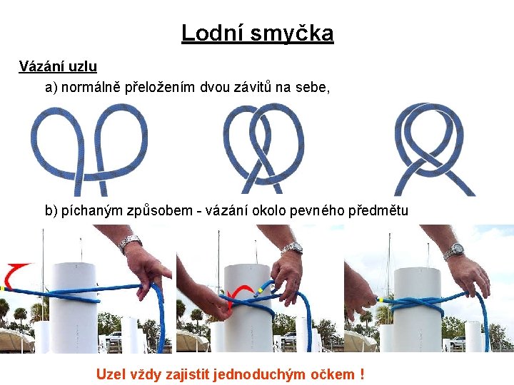 Lodní smyčka Vázání uzlu a) normálně přeložením dvou závitů na sebe, b) píchaným způsobem