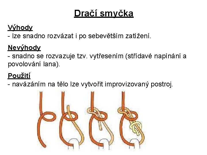 Dračí smyčka Výhody - lze snadno rozvázat i po sebevětším zatížení. Nevýhody - snadno