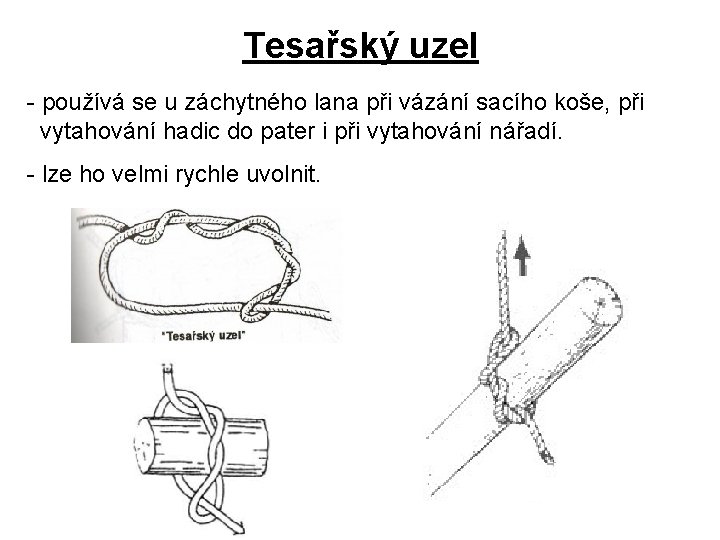 Tesařský uzel - používá se u záchytného lana při vázání sacího koše, při vytahování