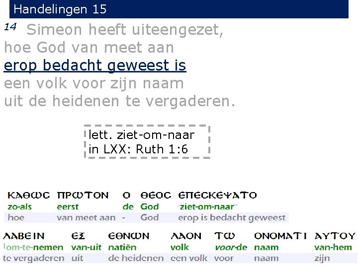 Handelingen 15 Simeon heeft uiteengezet, hoe God van meet aan erop bedacht geweest is