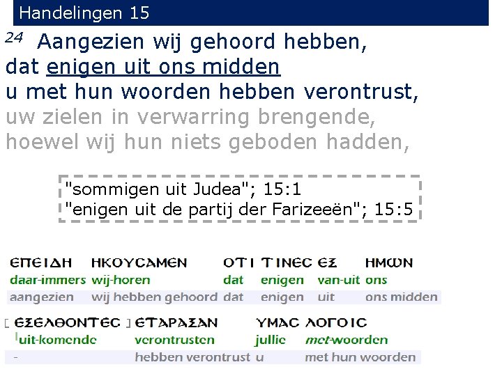 Handelingen 15 Aangezien wij gehoord hebben, dat enigen uit ons midden u met hun