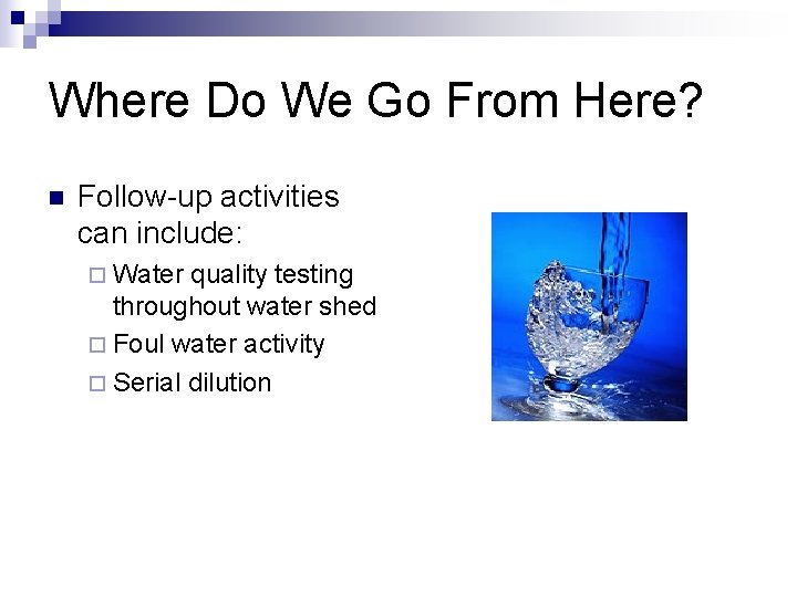 Where Do We Go From Here? n Follow-up activities can include: ¨ Water quality