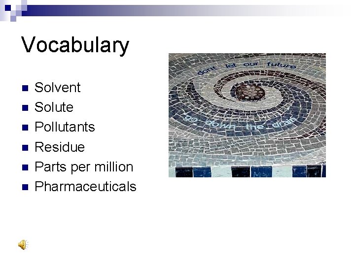 Vocabulary n n n Solvent Solute Pollutants Residue Parts per million Pharmaceuticals 