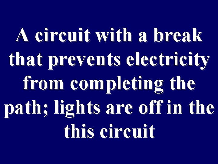 A circuit with a break that prevents electricity from completing the path; lights are