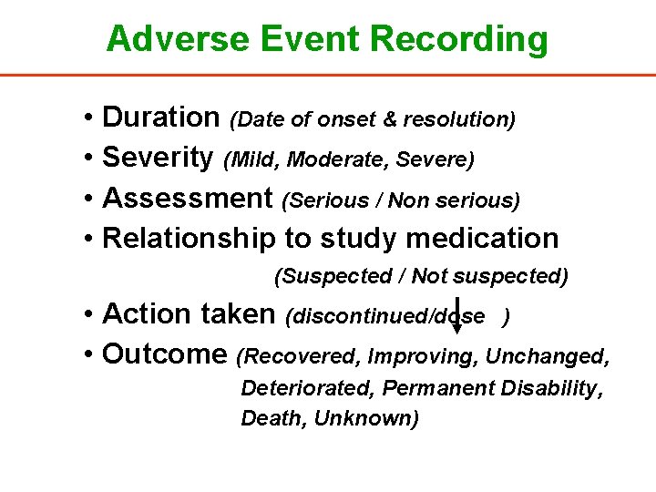 Adverse Event Recording • Duration (Date of onset & resolution) • Severity (Mild, Moderate,