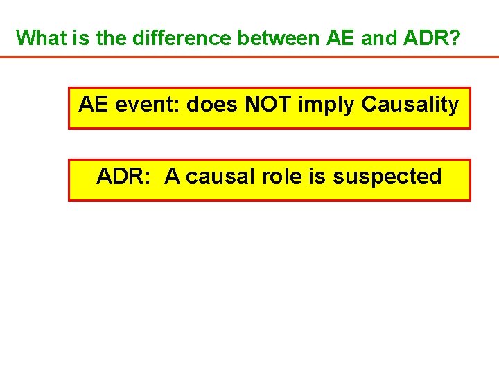 What is the difference between AE and ADR? AE event: does NOT imply Causality