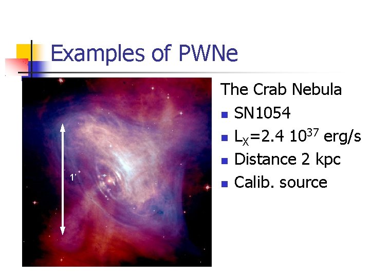 Examples of PWNe 1’ The Crab Nebula SN 1054 LX=2. 4 1037 erg/s Distance