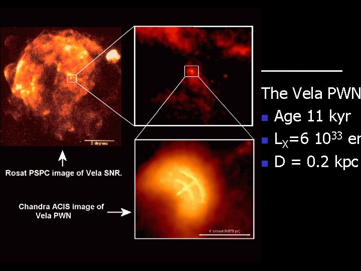 Examples of PWNe 1’ The Vela PWN Age 11 kyr LX=6 1033 er D