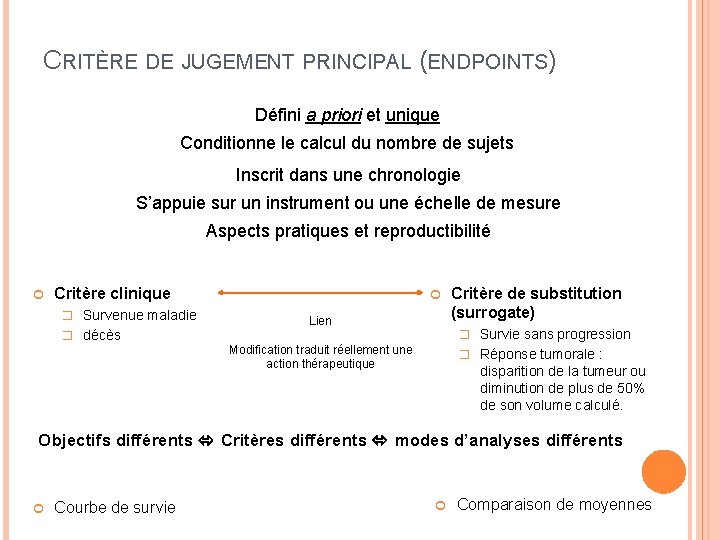 CRITÈRE DE JUGEMENT PRINCIPAL (ENDPOINTS) Défini a priori et unique Conditionne le calcul du