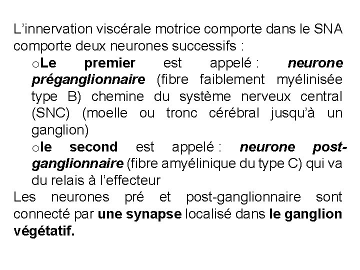 L’innervation viscérale motrice comporte dans le SNA comporte deux neurones successifs : o. Le