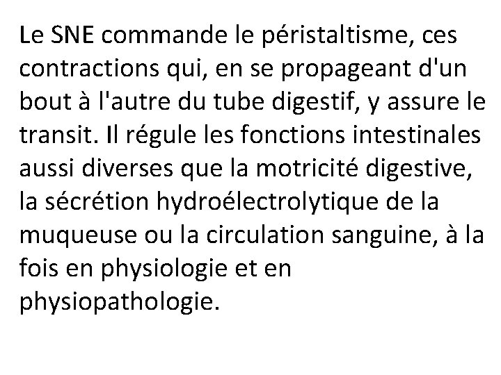 Le SNE commande le péristaltisme, ces contractions qui, en se propageant d'un bout à