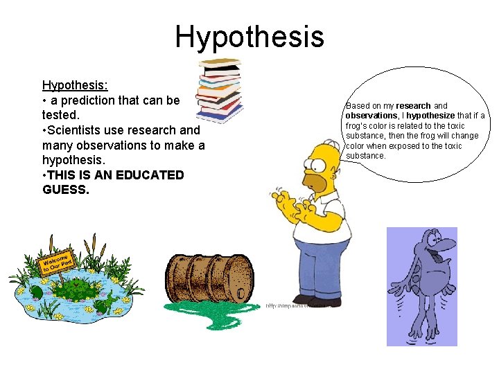 Hypothesis: • a prediction that can be tested. • Scientists use research and many