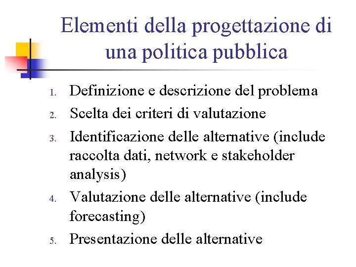 Elementi della progettazione di una politica pubblica 1. 2. 3. 4. 5. Definizione e