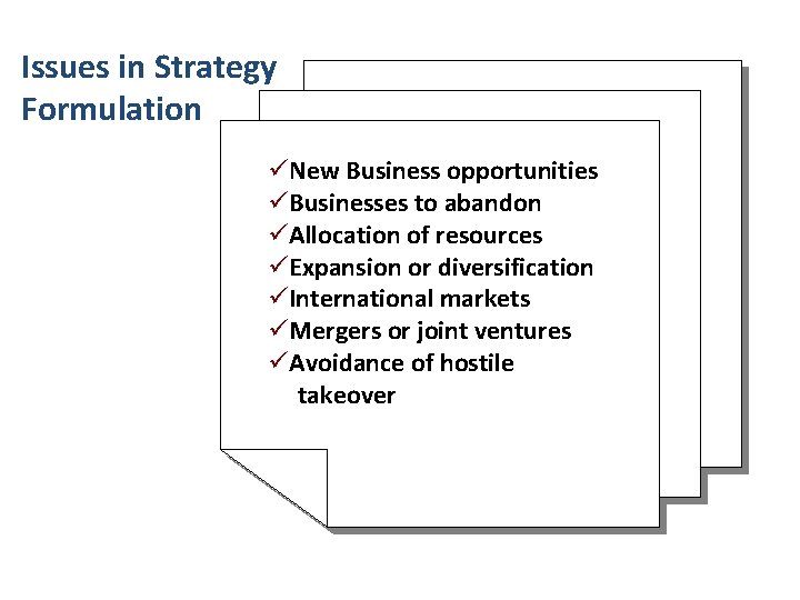 Issues in Strategy Formulation üNew Business opportunities üBusinesses to abandon üAllocation of resources üExpansion