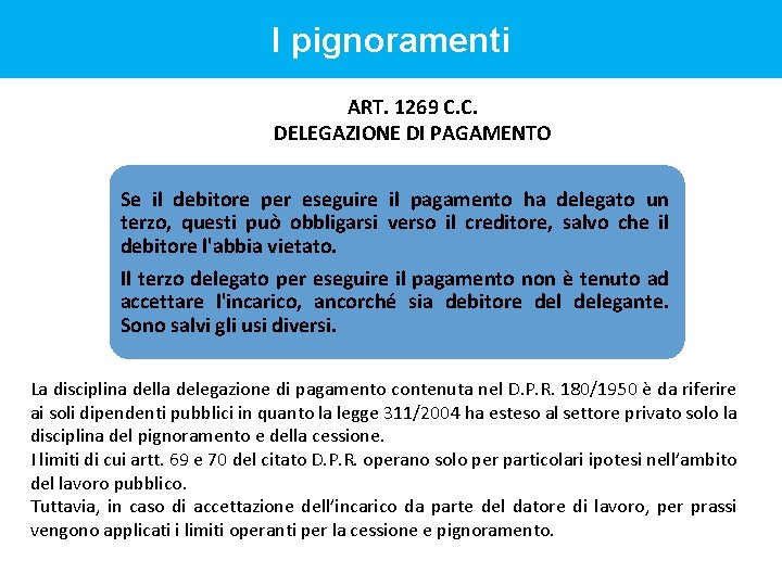 I pignoramenti ART. 1269 C. C. DELEGAZIONE DI PAGAMENTO Se il debitore per eseguire