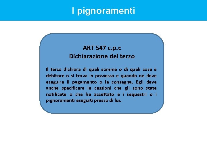 I pignoramenti ART 547 c. p. c Dichiarazione del terzo Il terzo dichiara di I pignoramenti ART 547 c. p. c Dichiarazione del terzo Il terzo dichiara di