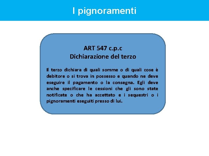 I pignoramenti ART 547 c. p. c Dichiarazione del terzo Il terzo dichiara di