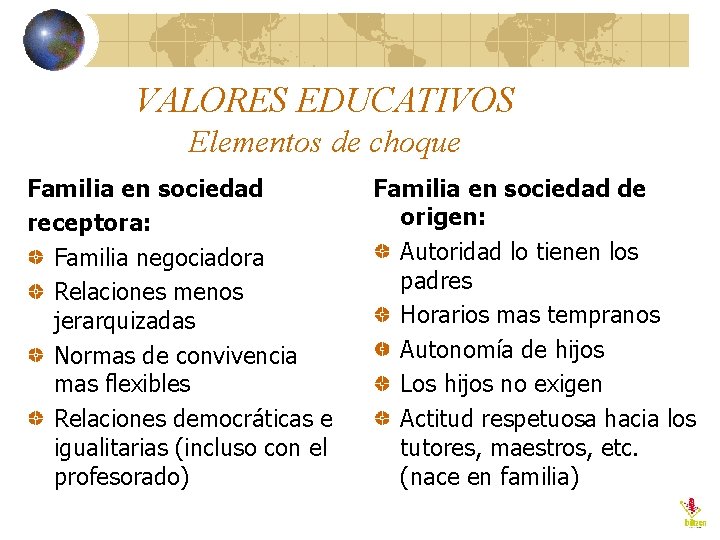 VALORES EDUCATIVOS Elementos de choque Familia en sociedad receptora: Familia negociadora Relaciones menos jerarquizadas