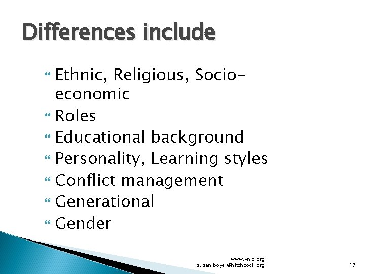 Differences include Ethnic, Religious, Socioeconomic Roles Educational background Personality, Learning styles Conflict management Generational