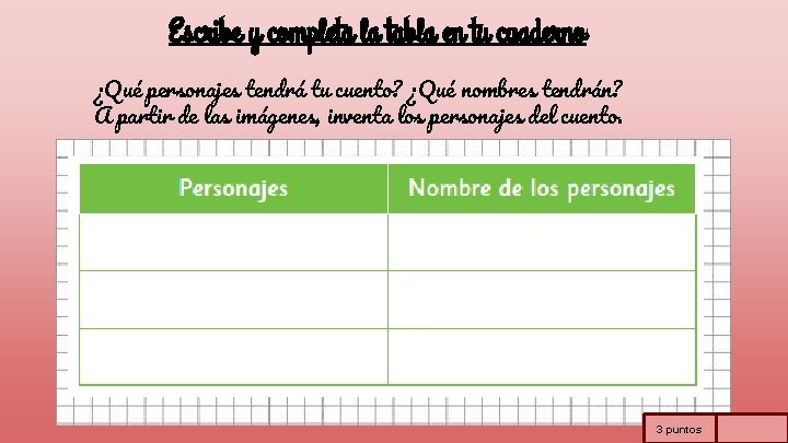 Escribe y completa la tabla en tu cuaderno ¿Qué personajes tendrá tu cuento? ¿Qué