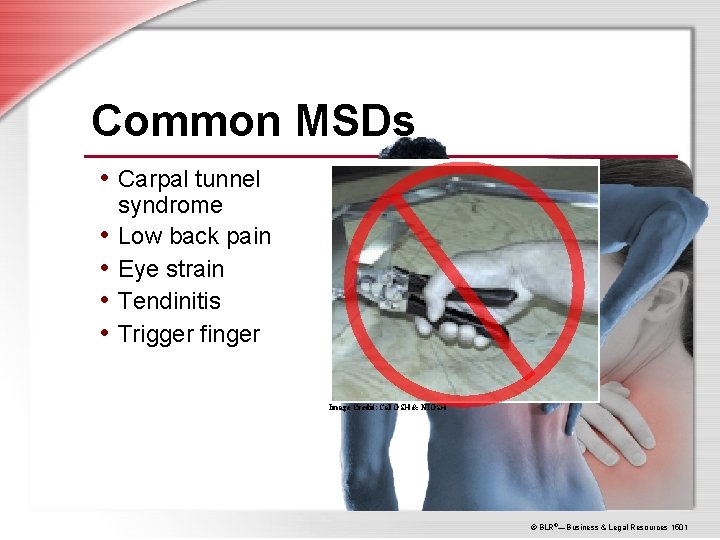 Common MSDs • Carpal tunnel • • syndrome Low back pain Eye strain Tendinitis