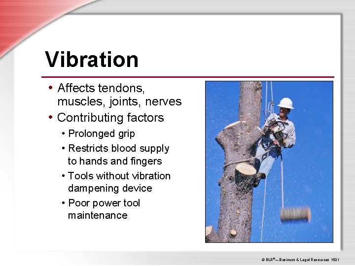 Vibration • Affects tendons, muscles, joints, nerves • Contributing factors • Prolonged grip •