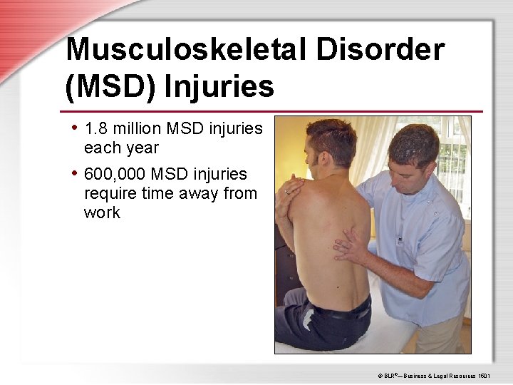 Musculoskeletal Disorder (MSD) Injuries • 1. 8 million MSD injuries each year • 600,