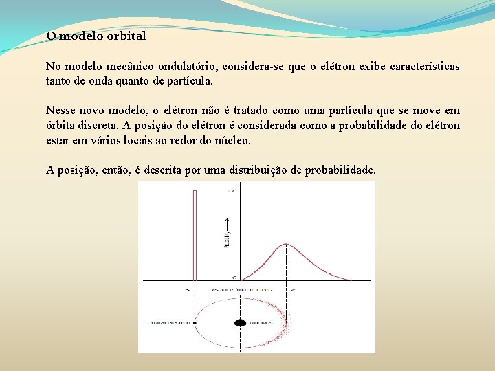 O modelo orbital No modelo mecânico ondulatório, considera-se que o elétron exibe características tanto