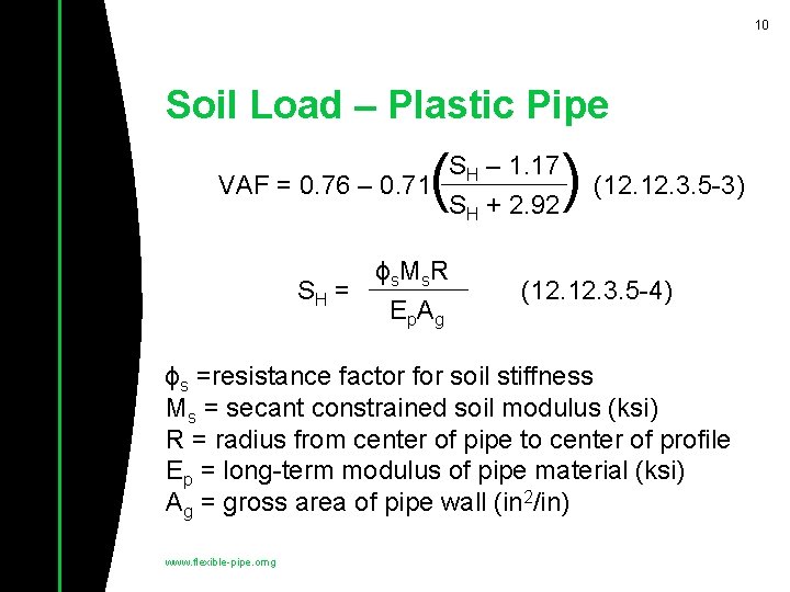 10 Soil Load – Plastic Pipe ( SH – 1. 17 VAF = 0.