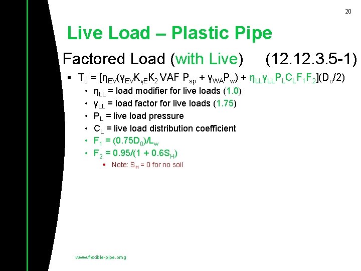 20 Live Load – Plastic Pipe • Factored Load (with Live) (12. 3. 5