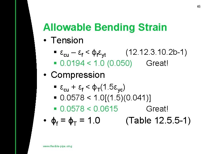 46 Allowable Bending Strain • Tension § εcu – εf < ɸfεyt (12. 3.