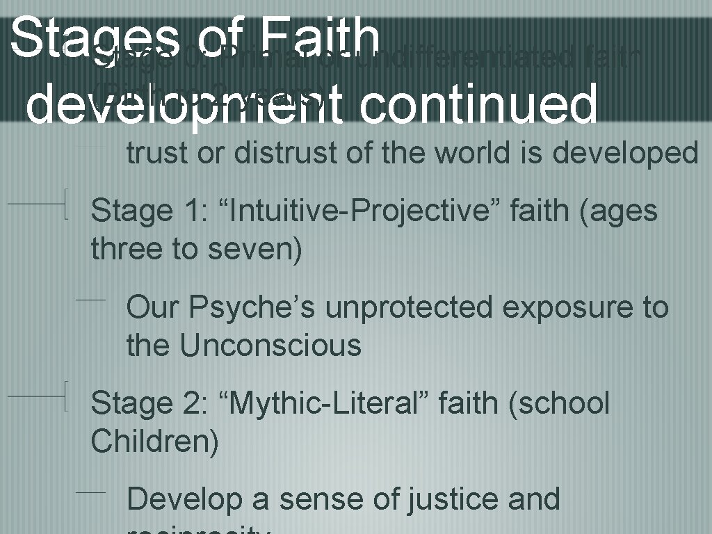 Stages of Faith Stage 0: Primal or undifferentiated faith (Birth to 2 years) development