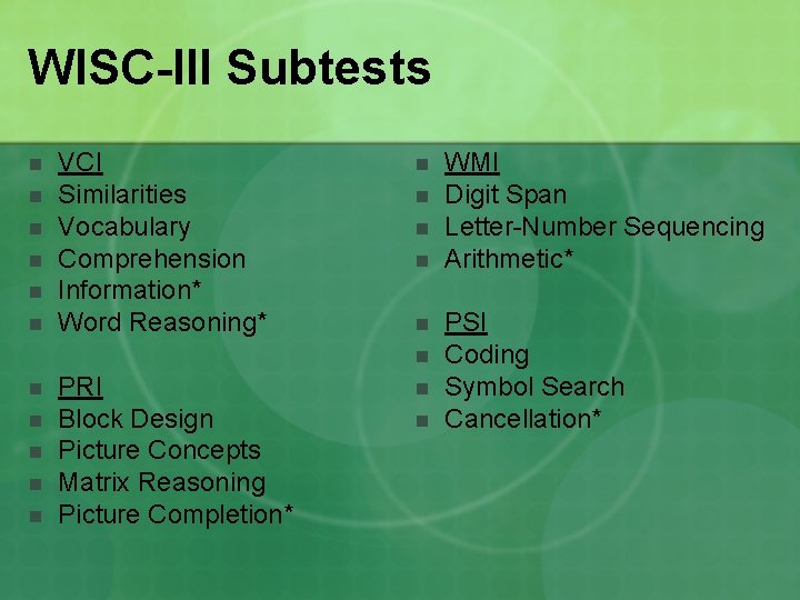 WISC-III Subtests n n n VCI Similarities Vocabulary Comprehension Information* Word Reasoning* n n