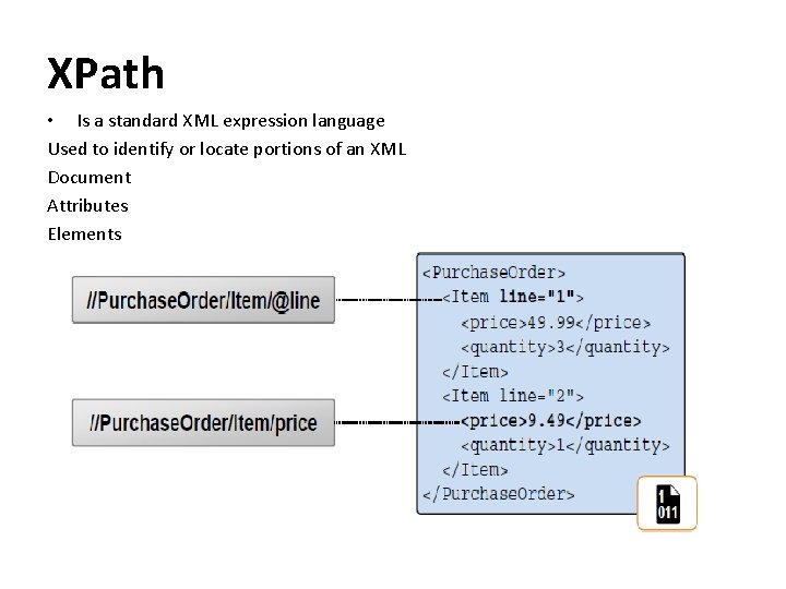 XPath • Is a standard XML expression language Used to identify or locate portions