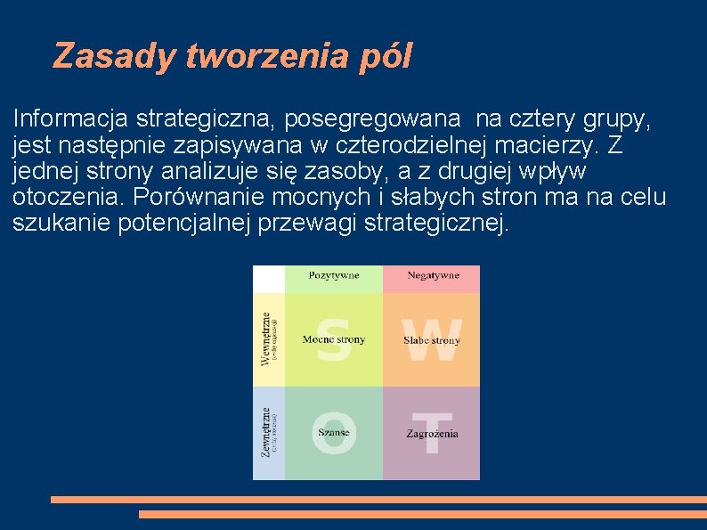 Zasady tworzenia pól Informacja strategiczna, posegregowana na cztery grupy, jest następnie zapisywana w czterodzielnej