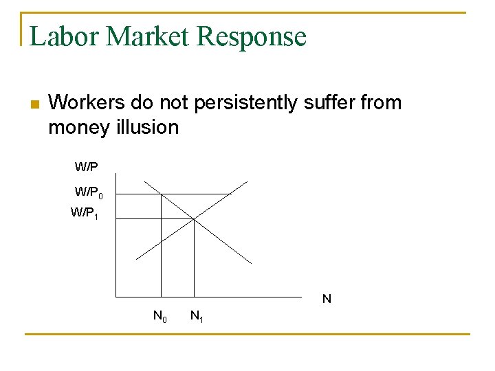 Labor Market Response n Workers do not persistently suffer from money illusion W/P 0