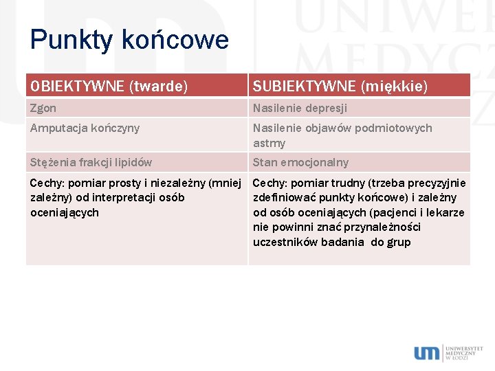 Punkty końcowe OBIEKTYWNE (twarde) SUBIEKTYWNE (miękkie) Zgon Nasilenie depresji Amputacja kończyny Nasilenie objawów podmiotowych