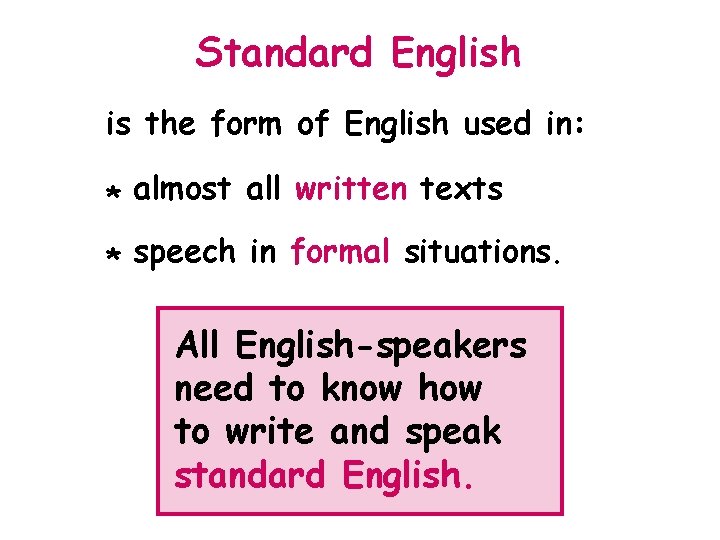Standard English is the form of English used in: * almost all written texts