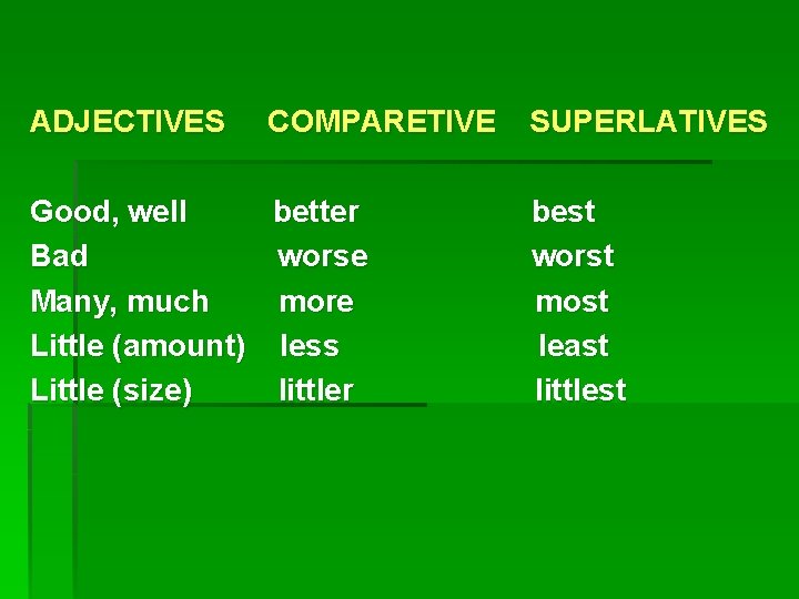 ADJECTIVES COMPARETIVE Good, well better Bad worse Many, much more Little (amount) less Little