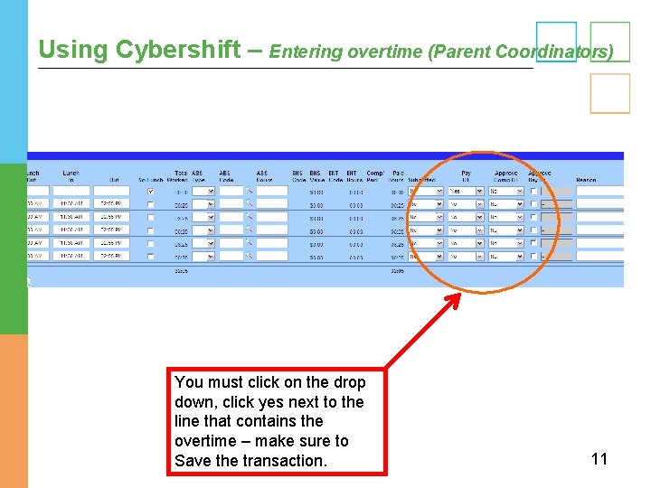 Using Cybershift – Entering overtime (Parent Coordinators) You must click on the drop down,