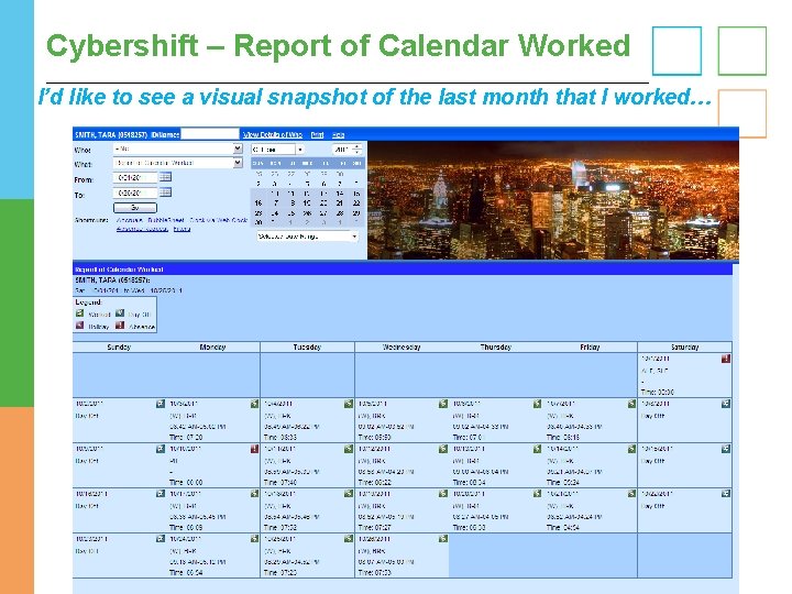 Cybershift – Report of Calendar Worked I’d like to see a visual snapshot of
