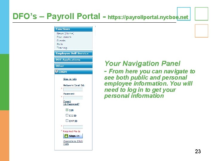 DFO’s – Payroll Portal - https: //payrollportal. nycboe. net Your Navigation Panel - From