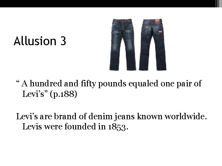 Allusion 3 “ A hundred and fifty pounds equaled one pair of Levi’s” (p.