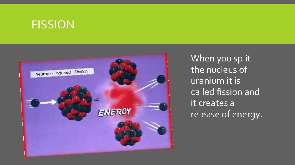 FISSION When you split the nucleus of uranium it is called fission and it