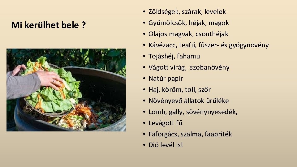 Mi kerülhet bele ? • • • • Zöldségek, szárak, levelek Gyümölcsök, héjak, magok