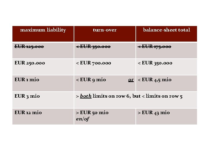maximum liability turn-over balance-sheet total EUR 125. 000 < EUR 350. 000 < EUR