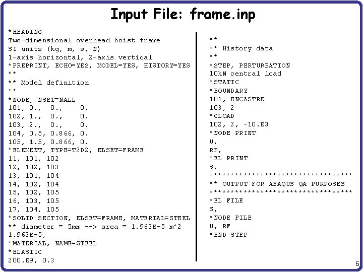 Input File: frame. inp *HEADING Two-dimensional overhead hoist frame SI units (kg, m, s, Input File: frame. inp *HEADING Two-dimensional overhead hoist frame SI units (kg, m, s,